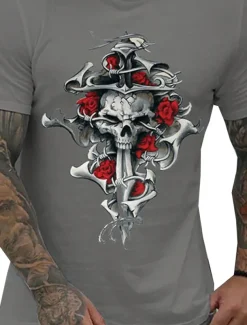 Men's Rose Skull Graphic Prints T Shirt Graphic Tee 100% Cotton Short Sleeve Graphic Shirt Black White Navy Blue Comfortable Tee Vacation Street Fashion Designer Clothing