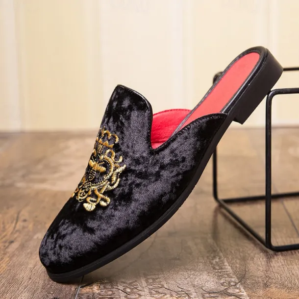 Men's Royal Velvet Embroidered Loafers - Regal Slip-On Slippers with Gold Crown Crest Embellishment