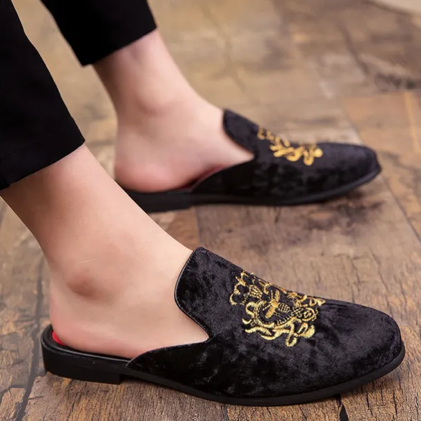 Men's Royal Velvet Embroidered Loafers - Regal Slip-On Slippers with Gold Crown Crest Embellishment