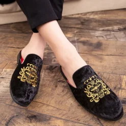 Men's Royal Velvet Embroidered Loafers - Regal Slip-On Slippers with Gold Crown Crest Embellishment