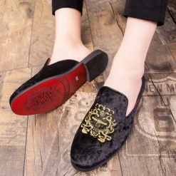 Men's Royal Velvet Embroidered Loafers - Regal Slip-On Slippers with Gold Crown Crest Embellishment