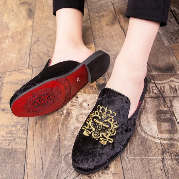 Men's Royal Velvet Embroidered Loafers - Regal Slip-On Slippers with Gold Crown Crest Embellishment