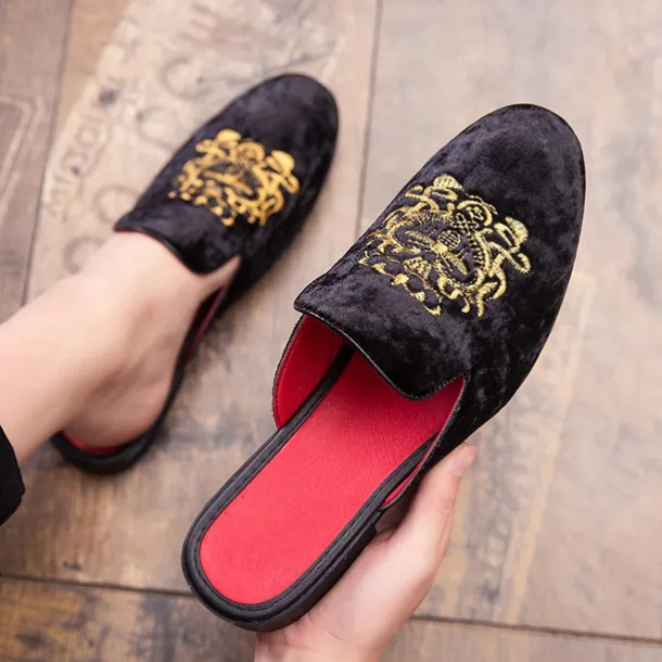 Men's Royal Velvet Embroidered Loafers - Regal Slip-On Slippers with Gold Crown Crest Embellishment