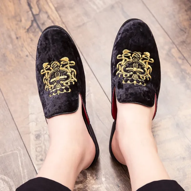 Men's Royal Velvet Embroidered Loafers - Regal Slip-On Slippers with Gold Crown Crest Embellishment