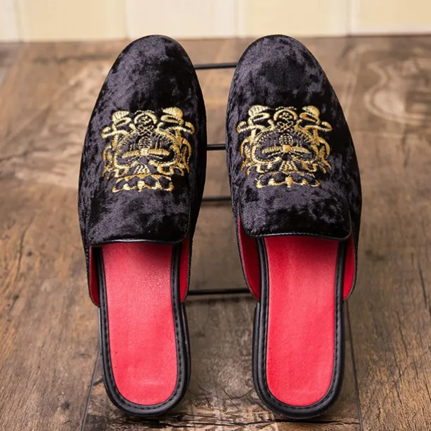Men's Royal Velvet Embroidered Loafers - Regal Slip-On Slippers with Gold Crown Crest Embellishment