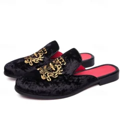 Men's Royal Velvet Embroidered Loafers - Regal Slip-On Slippers with Gold Crown Crest Embellishment