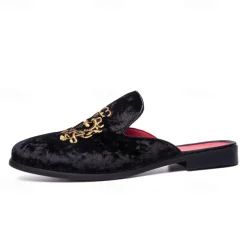 Men's Royal Velvet Embroidered Loafers - Regal Slip-On Slippers with Gold Crown Crest Embellishment