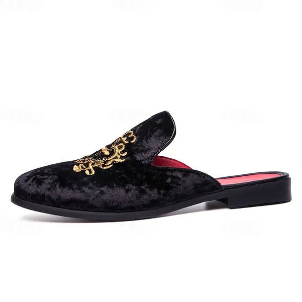 Men's Royal Velvet Embroidered Loafers - Regal Slip-On Slippers with Gold Crown Crest Embellishment