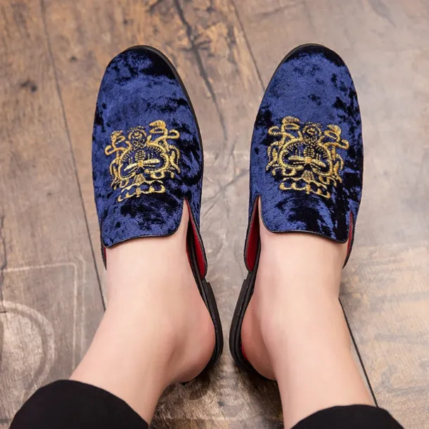 Men's Royal Velvet Embroidered Loafers - Regal Slip-On Slippers with Gold Crown Crest Embellishment