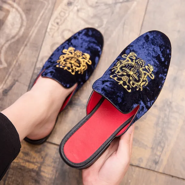Men's Royal Velvet Embroidered Loafers - Regal Slip-On Slippers with Gold Crown Crest Embellishment