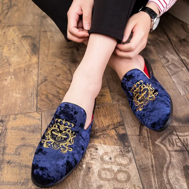 Men's Royal Velvet Embroidered Loafers - Regal Slip-On Slippers with Gold Crown Crest Embellishment