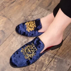 Men's Royal Velvet Embroidered Loafers - Regal Slip-On Slippers with Gold Crown Crest Embellishment