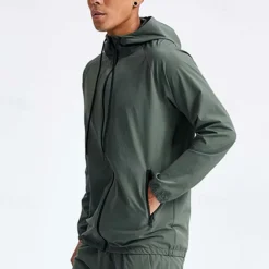 Men's Running Jacket Zipper Pocket Long Sleeve Hoodie Casual Athleisure Fall Windproof Breathable Gym Workout Running Walking Sportswear Activewear Solid Colored Black Green