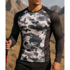 Men's Running Top Hiking Tee shirt Hiking Sweatshirt Long Sleeve Crew Neck Tee Tshirt Top Outdoor Quick Dry Lightweight Elastic Breathable Pullover Polyester Camo Black Red Royal Blue Tennis Golf