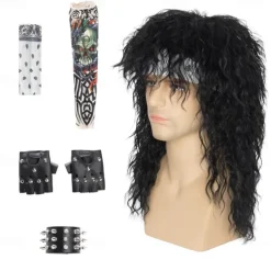 Men's 80s Mullet Wig Black Curly Wig Punk Rocker Wig Party Cosplay Hair with Accessories Halloween Wigs