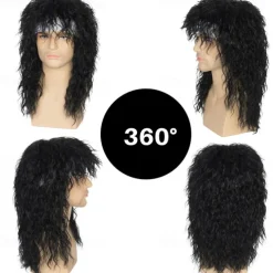 Men's 80s Mullet Wig Black Curly Wig Punk Rocker Wig Party Cosplay Hair with Accessories Halloween Wigs