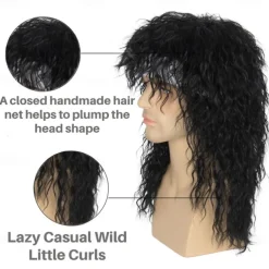 Men's 80s Mullet Wig Black Curly Wig Punk Rocker Wig Party Cosplay Hair with Accessories Halloween Wigs
