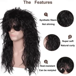 Mens 80s Wig Long Black Curly Wigs Rocker Costume Wig Men Fashion Smart Rocker Style Wig cosplay wig for Carnival