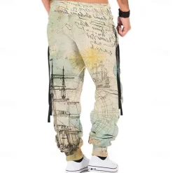 Men's Sailboat Sweatpants Joggers Pants Trousers Mid Waist Drawstring Elastic Waist Vintage Casual Outdoor Street Dailywear Pocket Spring Fall Winter 3D Print khaki