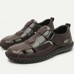 Men's Sandals Fishermen sandals Casual Beach Leather Breathable Comfortable Slip Resistant Magic Tape Buckle Black Coffee