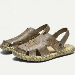 Men's Sandals Flat Sandals Leather Breathable Comfortable Slip Resistant Buckle Black Khaki Coffee