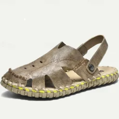 Men's Sandals Flat Sandals Leather Breathable Comfortable Slip Resistant Buckle Black Khaki Coffee