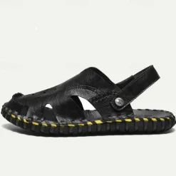 Men's Sandals Flat Sandals Leather Breathable Comfortable Slip Resistant Buckle Black Khaki Coffee