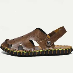 Men's Sandals Flat Sandals Leather Breathable Comfortable Slip Resistant Buckle Black Khaki Coffee