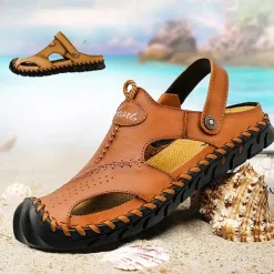 Men's Sandals Handmade Shoes Walking Casual Preppy Beach Outdoor Daily PU Breathable Comfortable Slip Resistant Slip-on Light Brown Dark Brown Black Summer Fall