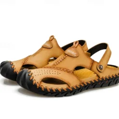 Men's Sandals Handmade Shoes Walking Casual Preppy Beach Outdoor Daily PU Breathable Comfortable Slip Resistant Slip-on Light Brown Dark Brown Black Summer Fall