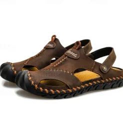 Men's Sandals Handmade Shoes Walking Casual Preppy Beach Outdoor Daily PU Breathable Comfortable Slip Resistant Slip-on Light Brown Dark Brown Black Summer Fall