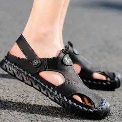 Men's Sandals Handmade Shoes Walking Casual Preppy Beach Outdoor Daily PU Breathable Comfortable Slip Resistant Slip-on Light Brown Dark Brown Black Summer Fall