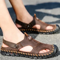 Men's Sandals Handmade Shoes Walking Casual Preppy Beach Outdoor Daily PU Breathable Comfortable Slip Resistant Slip-on Light Brown Dark Brown Black Summer Fall