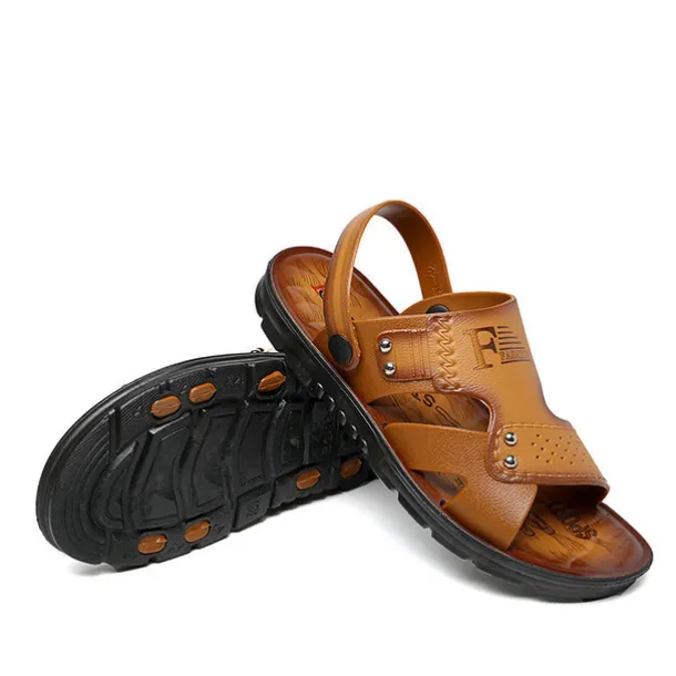 Men's Sandals Leatherette Loafers Leather Sandals Hand Stitching Casual Outdoor PU Breathable Loafer Red-brown820+6 Yellow820+6 Summer Spring