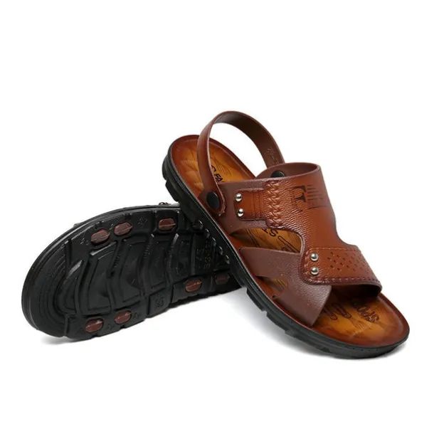 Men's Sandals Leatherette Loafers Leather Sandals Hand Stitching Casual Outdoor PU Breathable Loafer Red-brown820+6 Yellow820+6 Summer Spring