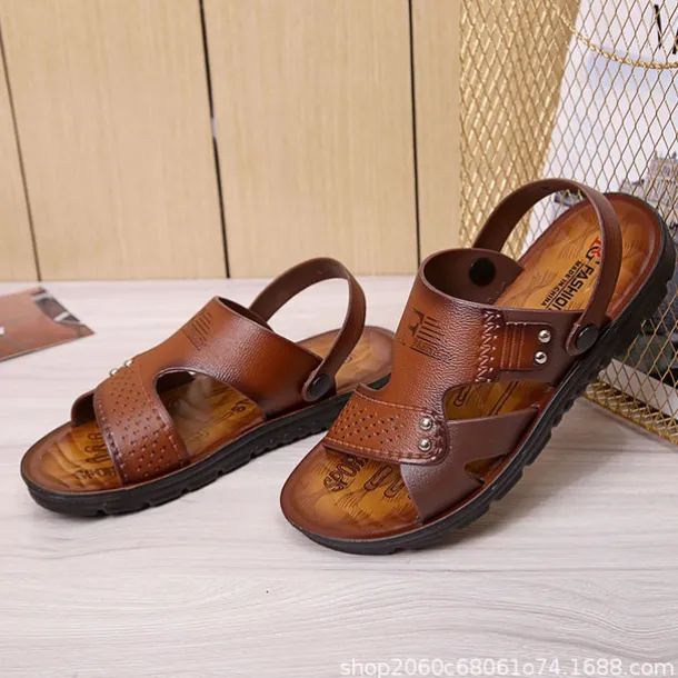 Men's Sandals Leatherette Loafers Leather Sandals Hand Stitching Casual Outdoor PU Breathable Loafer Red-brown820+6 Yellow820+6 Summer Spring