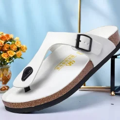 Men's Sandals Slippers & Flip-Flops Flat Sandals Microfiber Breathable Comfortable Slip Resistant Loafer Buckle White Red Green