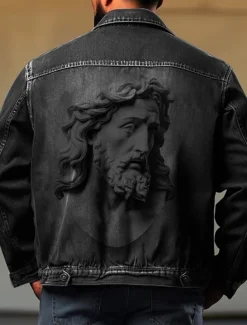 Men's Sculpture Coat Jean Jacket Denim Jacket Breathable Comfortable Casual Sports & Outdoor Going out Weekend Buttons Print Fall & Winter Turndown Long Sleeve Black Blue