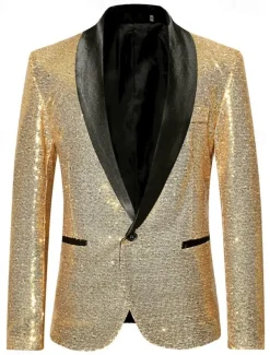 Men's Sequin 70s Disco Retro Blazer Party Sparkle Casual Jacket Pattern Single Breasted One-button Black Silver Burgundy Royal Blue Gold