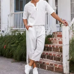 Men's Shirt 2 Piece Shirt Set Summer Shirt Matching Sets Plain Vacation Street Black White Navy Blue Khaki Short Sleeve V Neck Summer Clothing Apparel