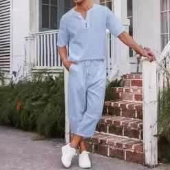 Men's Shirt 2 Piece Shirt Set Summer Shirt Matching Sets Plain Vacation Street Black White Navy Blue Khaki Short Sleeve V Neck Summer Clothing Apparel