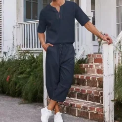 Men's Shirt 2 Piece Shirt Set Summer Shirt Matching Sets Plain Vacation Street Black White Navy Blue Khaki Short Sleeve V Neck Summer Clothing Apparel