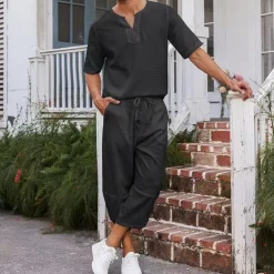 Men's Shirt 2 Piece Shirt Set Summer Shirt Matching Sets Plain Vacation Street Black White Navy Blue Khaki Short Sleeve V Neck Summer Clothing Apparel