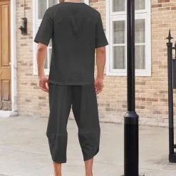 Men's Shirt 2 Piece Shirt Set Summer Shirt Matching Sets Plain Vacation Street Black White Navy Blue Khaki Short Sleeve V Neck Summer Clothing Apparel