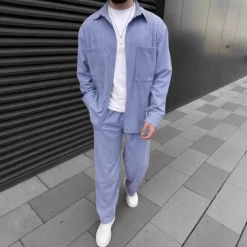 Men's Shirt 2 Piece Shirt Set Matching Sets Casual Shirt Corduroy Shirt Brown Green khaki Gray Light Blue Long Sleeve Solid Color Collar Street Daily Clothing Apparel Fashion Casual Comfortable