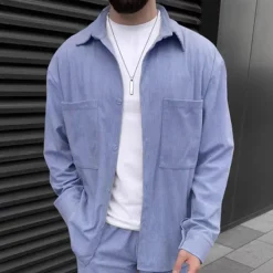 Men's Shirt 2 Piece Shirt Set Matching Sets Casual Shirt Corduroy Shirt Brown Green khaki Gray Light Blue Long Sleeve Solid Color Collar Street Daily Clothing Apparel Fashion Casual Comfortable