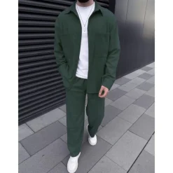 Men's Shirt 2 Piece Shirt Set Matching Sets Casual Shirt Corduroy Shirt Brown Green khaki Gray Light Blue Long Sleeve Solid Color Collar Street Daily Clothing Apparel Fashion Casual Comfortable