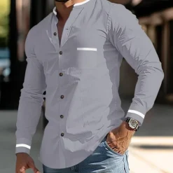 Men's Shirt Band Collar Shirt Summer Shirt Dress Shirt Button Up Shirt White Dark Blue Gray Light Blue Long Sleeve Color Block Stand Collar Daily Vacation Front Pocket Clothing Apparel Cotton Cotton