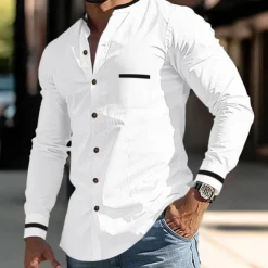 Men's Shirt Band Collar Shirt Summer Shirt Dress Shirt Button Up Shirt White Dark Blue Gray Light Blue Long Sleeve Color Block Stand Collar Daily Vacation Front Pocket Clothing Apparel Cotton Cotton
