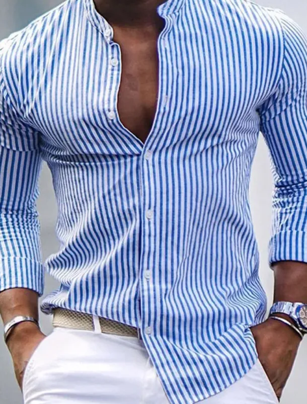 Men's Shirt Band Collar Shirt Summer Shirt Beach Wear Casual Shirt Button Up Shirt Pink Blue Green Gray Long Sleeve Striped Stand Collar Vacation Hawaiian Print Clothing Apparel Fashion Classic